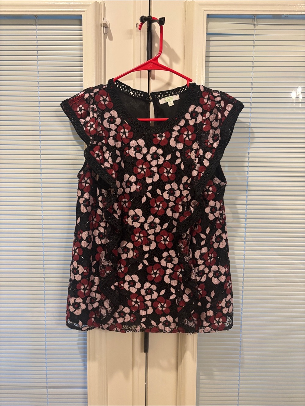 Jade Black Floral Lace Ruffle Sleeveless Blouse with Pink & Burgundy Flowers